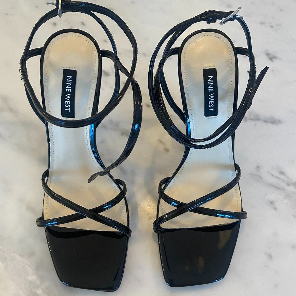 Nine West Tidle Strappy High Stiletto Black Patent Leather Sandals Size 7.5